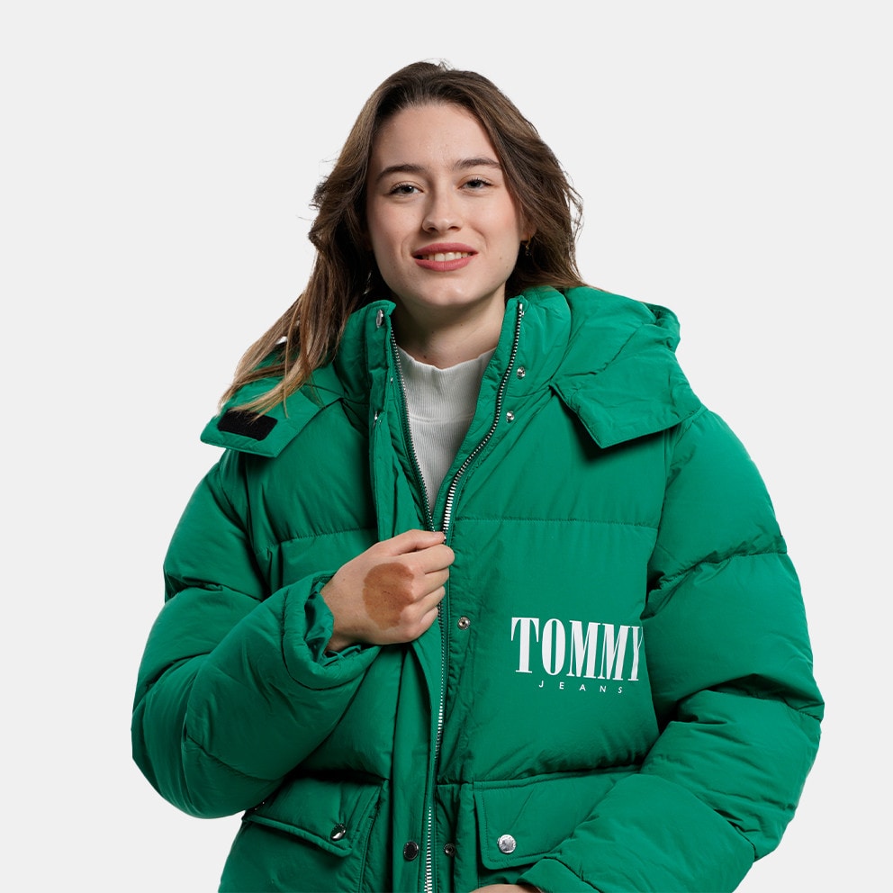 tommy hilfiger printed jersey a line Tommy Jeans A L30 Line Fashion Oversized Puffer Women's Jacket Green DW0DW14307