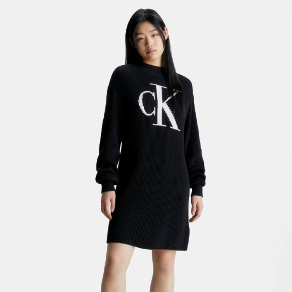 calvin klein chunky knit scarf item - Calvin Klein Ck Intarsia Loose  Sweater Dress Ck Black J20J222294 - BEH